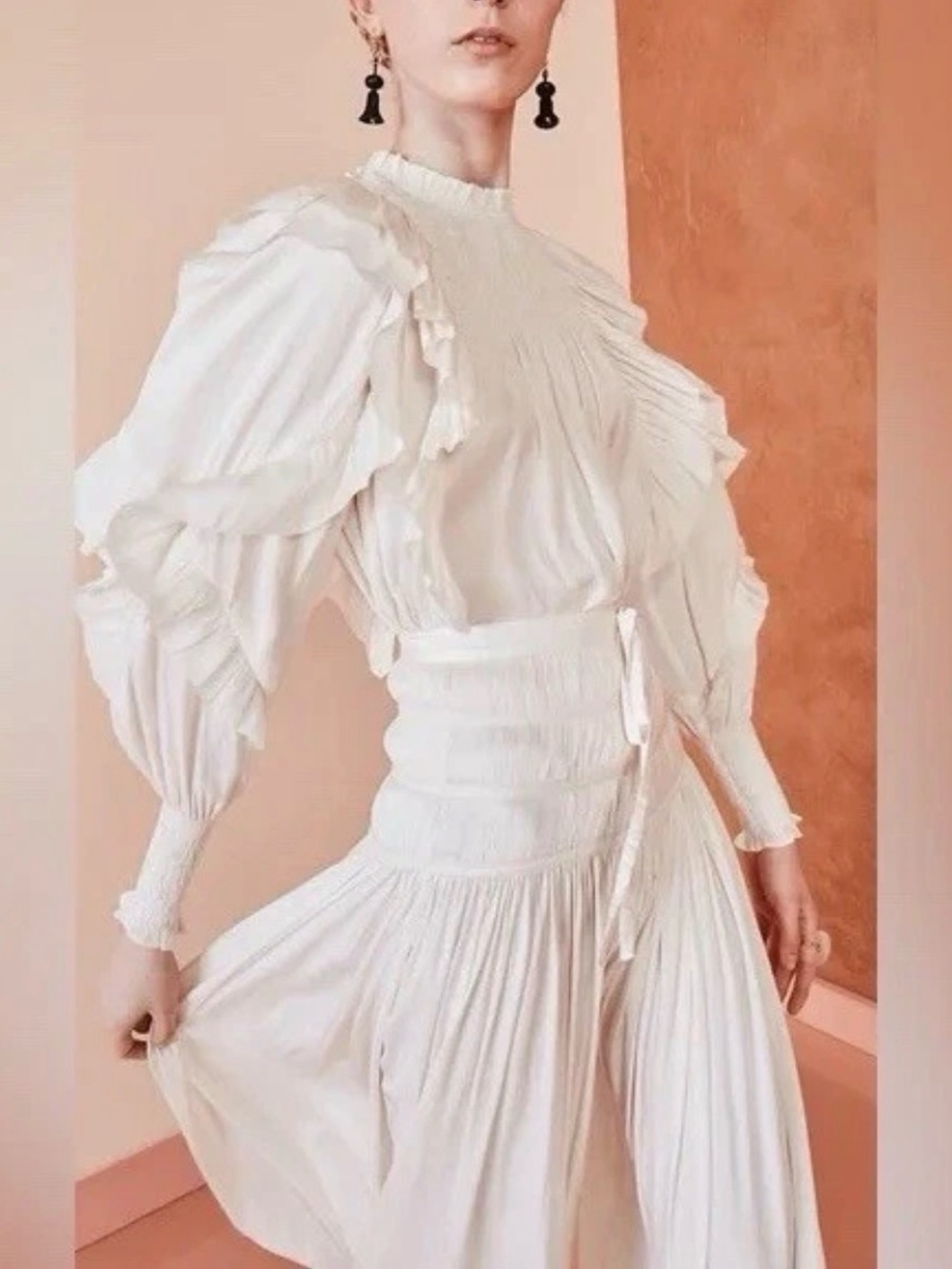 Women's Cream Ruffled Long-Sleeve Blouse